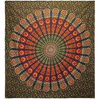 KDMD Double Cotton Bedspread & Wall Hanging - Peacock Mandala, Green