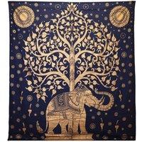 KDMD Double Cotton Bedspread & Wall Hanging - Elephant & Tree, Blue Gold