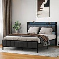 Levede King Bed Frame Upholstered Headboard Metal Base LED USB Lights in Dark Grey