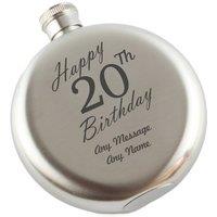 Uniqueful Men's Personalised Happy 20th Birthday Engraved 5oz Round Steel Hip Flask in Silver