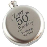 Uniqueful Men's Personalised Happy 50th Birthday Engraved 5oz Round Steel Hip Flask in Silver