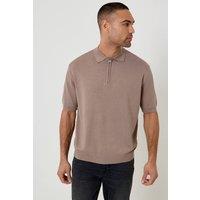 Threadbare Men's Relaxed Fit Knitted Quarter Zip Polo in Taupe | Size: Medium