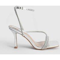 Oasis Women's Maggie Faux Leather Asymmetric Strap Embellished Heeled Sandals in Silver | Size: 4