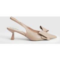 Oasis Women's Dillie Faux Leather Bow Detail Kitten Heeled Slingback Court Shoes in Beige | Size: 4