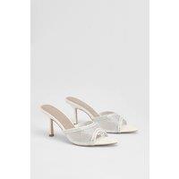 MissPap Women's Satin Diamante High Stiletto Heel Mules in White | Size: 6