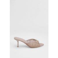 MissPap Women's Nude Faux Leather Embellished Mesh Medium Heeled Mules | Size: 6