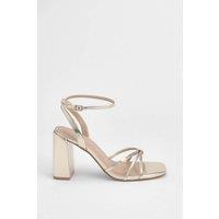 MissPap Women's Gold Metallic Faux Leather Strappy High Block Heeled Sandals | Size: 7