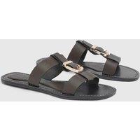 MissPap Women's Brown Faux Leather Buckle T-Bar Flat Sliders in Chocolate | Size: 5