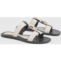 MissPap Women's Bone Faux Leather Buckle T-Bar Flat Sliders | Size: 5