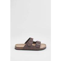 MissPap Women's Chocolate Faux Nubuck Suede Double Buckle Footbed Sliders | Size: 6