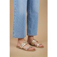 Dorothy Perkins Women's Mel Metallic Faux Leather Plaited Straps Detail Flat Sliders in Gold | Size: 7