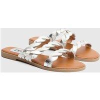 Dorothy Perkins Women's Mel Metallic Faux Leather Plaited Straps Detail Flat Sliders in Silver | Size: 7