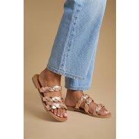 Dorothy Perkins Women's Mel Metallic Faux Leather Plaited Straps Detail Flat Sliders in Rose Gold | Size: 4