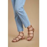 Dorothy Perkins Women's Micheala Faux Leather Studded Gladiator Flat Sandals in Brown | Size: 4
