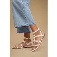 Dorothy Perkins Women's Micheala Faux Leather Studded Gladiator Flat Sandals in Off-White | Size: 6