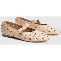 Faith Women's : Sammie Faux Leather Eyelet Mary Jane Ballerinas in Beige | Size: 4