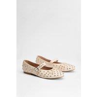 Faith Women's : Gracie Faux Leather Diamante Studded Mary Jane Ballerinas in Beige | Size: 7