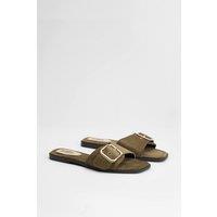 Faith Women's : Freya Faux Suede Buckle Detail Sliders in Olive | Size: 4