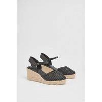 Good For the Sole Women's : Keira Faux Leather Woven Comfort Closed Toe Espadrille Wedge Sandals in Black | Size: 6