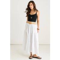 Gini London Women's White Cotton Seersucker Belted Midaxi Skirt | Size: S/M