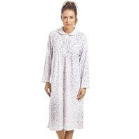 Camille Women's Heavyweight Floral Long Sleeve Jersey Nightdress in Grey | Size: 10-12