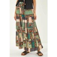Roman Women's Tile Print Shirred Maxi Skirt in Khaki | Size: 10