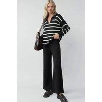 MyFashion Women's Striped Knit Co-ord Set with Polo Collar in Black