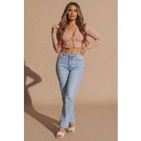 Femme Luxe Women's Distressed With Rhinestone Back Pink Pocket Jean in Light Blue | Size: 10