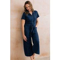 Lily & Me Women's Josie Linen Blend Cropped Jumpsuit in Navy | Size: 14