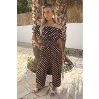 AX Paris Women's Chocolate Polka Dot Bardot Frill Culotte Jumpsuit | Size: 8