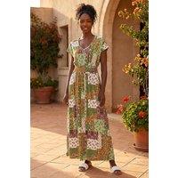 Roman Women's Stretch Patchwork Shirred Maxi Dress in Khaki | Size: 12