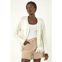 Roman Women's Lightweight Fringe Hem Knit Cardigan in Ivory | Size: 20