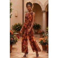 Roman Women's Floral Print Pleated Jumpsuit in Brown | Size: 20