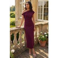Roman Women's Drape Shoulder Stretch Midi Dress in Wine | Size: 14