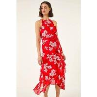 Roman Women's Floral Print Frill Wrap Midi Dress in Red | Size: 18
