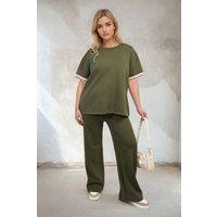 IKRUSH Women's Jennifer Contrast Stripe Top & Wide Leg Trouser Co-ord Set in Khaki | Size: S/M