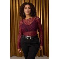 WOVCOR Women's Sheer Lace Long Sleeve Top in Burgundy | Size: 5XL
