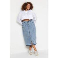WOVCOR Women's High Waist Denim Midi Skirt with Front Slit & Slim Fit in Blue | Size: 18
