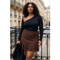 WOVCOR Women's High Waist Embellished Mini Skirt with Ruffle Hem Detail in Brown | Size: XL