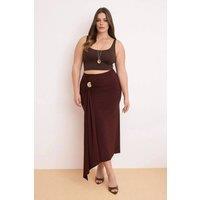 WOVCOR Women's High Waist Wrap Detail Midi Skirt with Draped Front Design in Brown | Size: 4XL