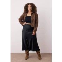 WOVCOR Women's High Waist Satin Midi Skirt with Fluid A-Line Silhouette in Black | Size: 14