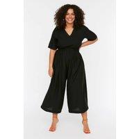 WOVCOR Women's Elastic Waist Wide Leg Jumpsuit with V Neck Detail in Black | Size: 14