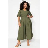 WOVCOR Women's Elastic Waist Wide Leg Jumpsuit with V Neck Detail in Khaki | Size: 18