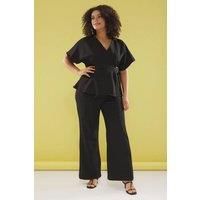 WOVCOR Women's Wrap Detail Wide Leg Woven Jumpsuit with Belt in Black | Size: 16