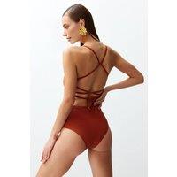 WOVCOR Women's Square Neck Strappy Open Back Fitted Swimsuit in Terracotta | Size: 8