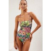 WOVCOR Women's Tropical Print Halterneck Fitted Swimsuit with Square Neck | Size: 10