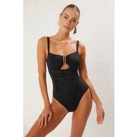 WOVCOR Women's Cut Out Detail Ruched Fitted Swimsuit with Metal Trim in Black | Size: 6