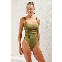 WOVCOR Women's Cut Out Detail Ruched Fitted Swimsuit with Metal Trim in Khaki | Size: 6