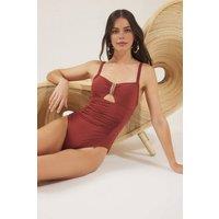 WOVCOR Women's Cut Out Detail Ruched Fitted Swimsuit with Metal Trim in Terracotta | Size: 8