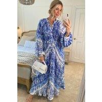 CY Women's Blue Monochrome Scarf Print Pleated Long Shirt Dress